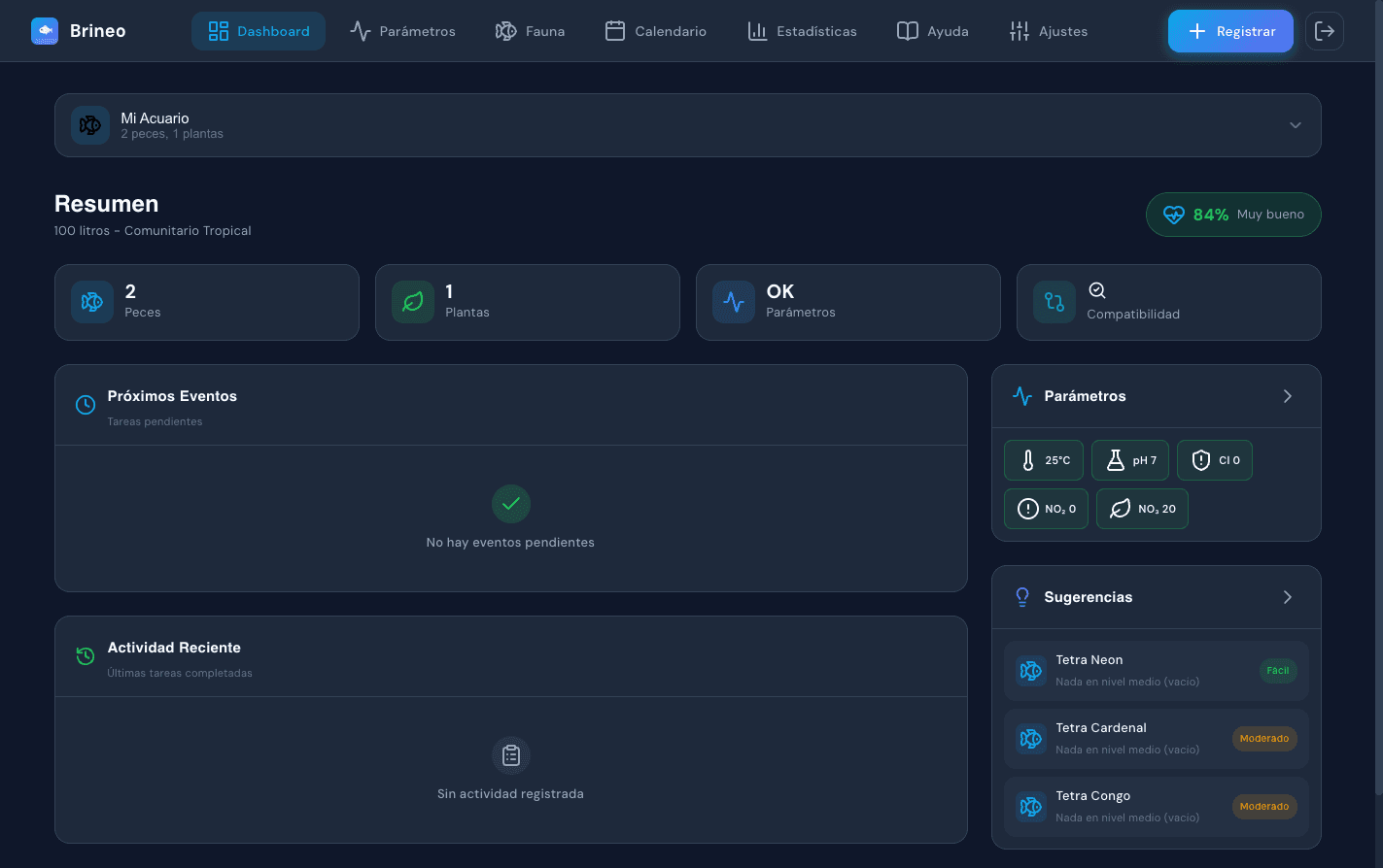 Dashboard principal de Brineo