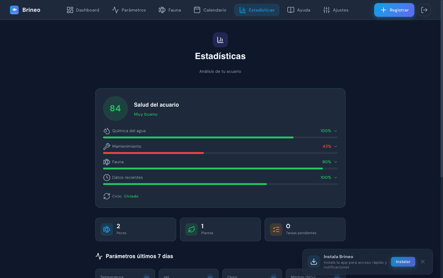 Estadísticas y salud del acuario