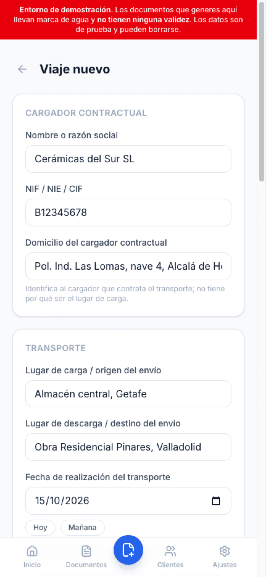 Formulario de creación del documento