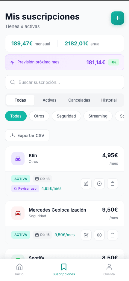 Listado de suscripciones mobile